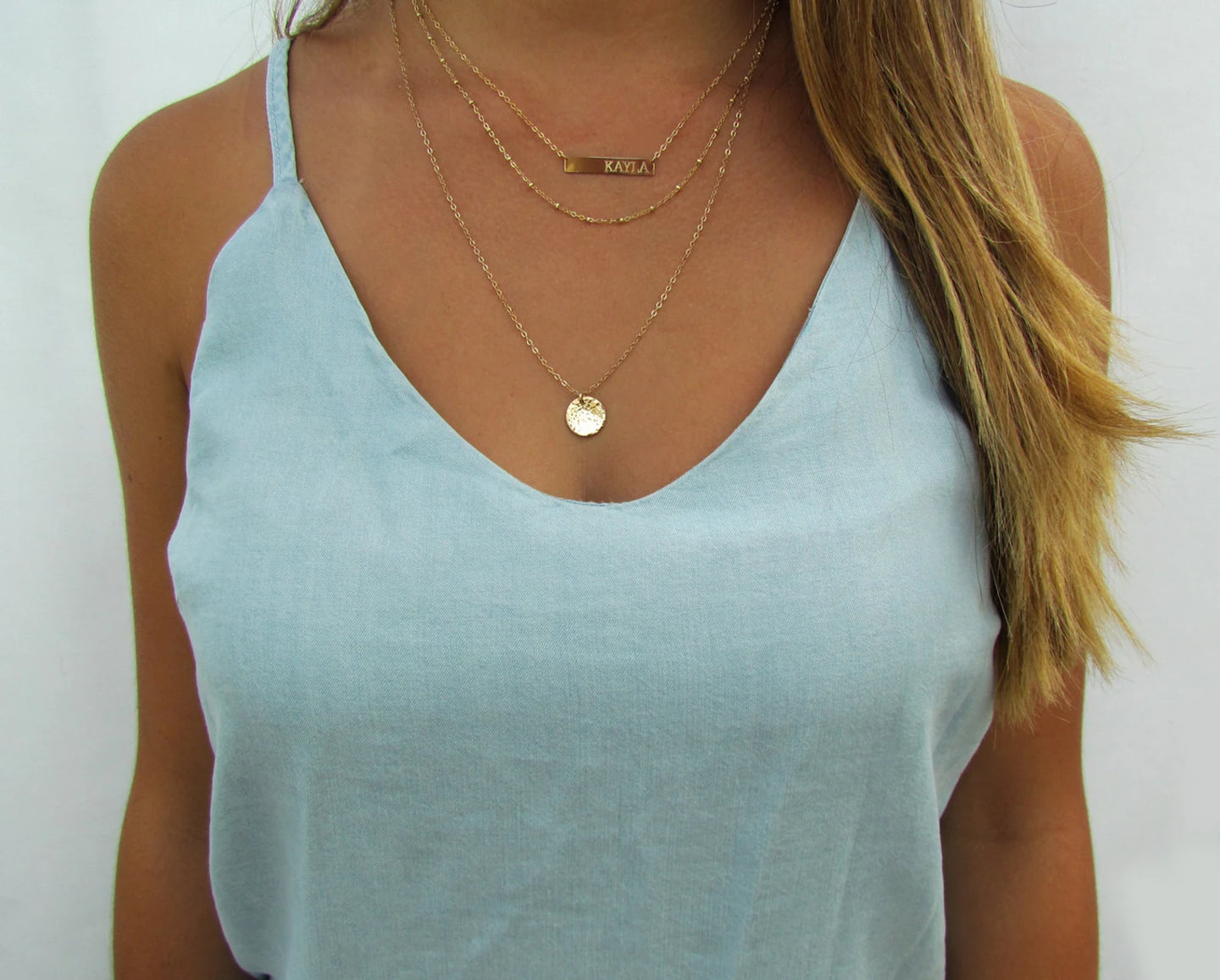 Engraved Bar Layering Set | Personalized Bar Necklace, Beaded Chain & Hammered Disc Necklace